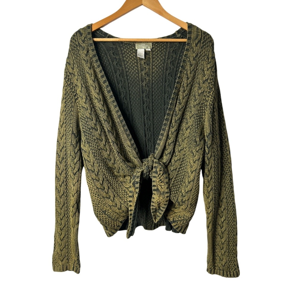Vtg Territory Ahead Tie Front Cable Knit Cardigan 1X Olive Green 100% Cotton 90s